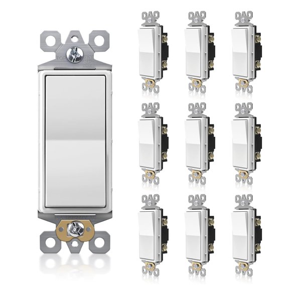 10 Pack Single Pole Decorator Light Switch, Decorative Paddle Rocker Switch Replacement, 15A 120/277V On/Off Interrupter, Self-Grounding, Residential/Commercial Grade, ETL Listed