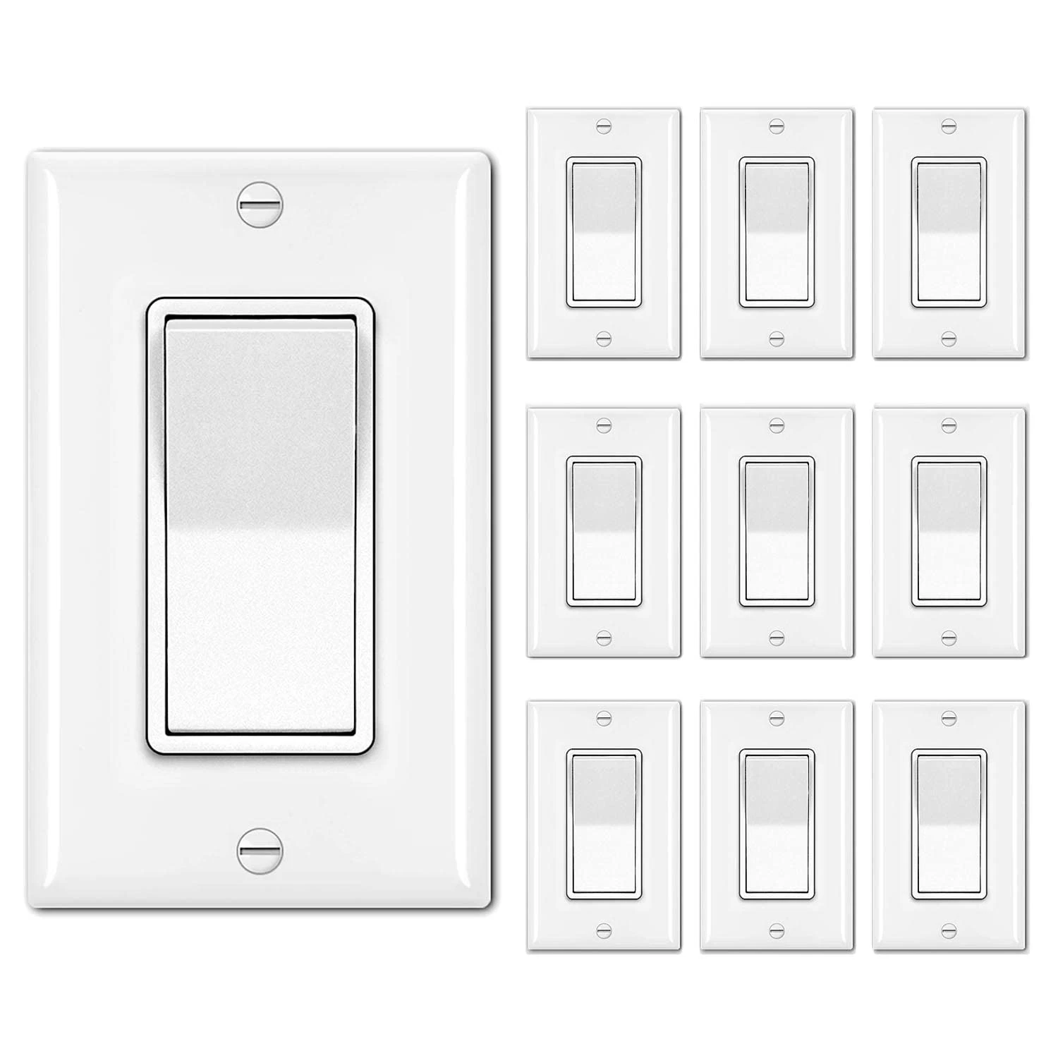 10 Pack Single Pole Decorator Light Switch with Wallplate, 15A 120/277V ...