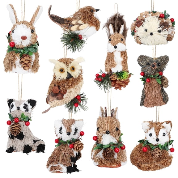 10 Pack Sisal Woodland Animals Christmas Ornament, Christmas Tree Ornaments with Natural Sisal Straw Forest Animals Deer, Rabbit, Squirrel, Fox, Rustic & Wood Decor for Home Xmas Theme Decor