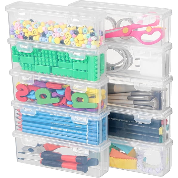 10 Pack Slim Narrow Storage Box, Clear Pen & Makeup Brush Organizer | Slim boxes for pens, markers, paint & makeup brushes, eyeliners, crochet hooks & drill bits; drawer organizer & desk tray