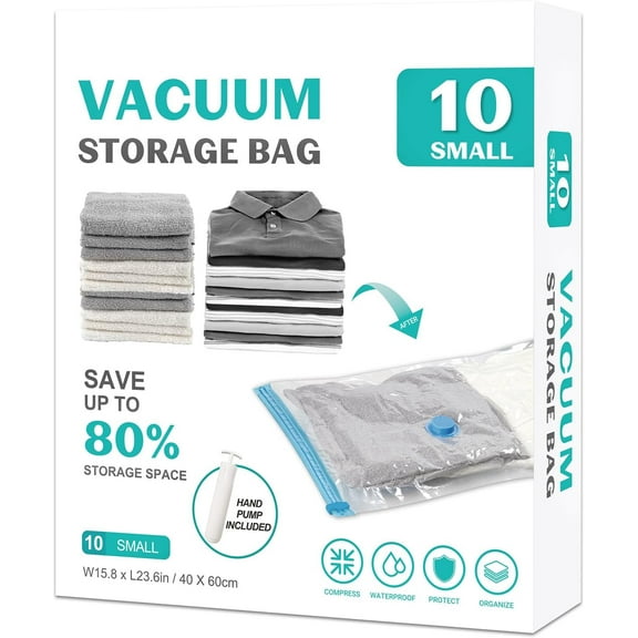 10 Pack Small Space Saver Vacuum Storage Bags Compression Seal Bags for Travel Clothing Luggage Blankets Comforters with Hand Pump