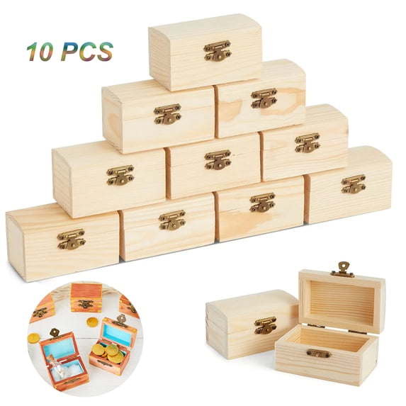 10-Pack Small Wooden Boxes with Front Clasp Unfinished Paintable Treasure for DIY Arts & Crafts Halloween Pirate Birthday Party (10 PCS)