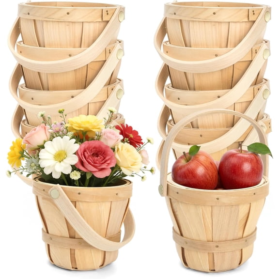 10 Pack Small Wooden Gift Basket, 4 x 4.7 Inch Round Woven Fruit Baskets Bulk, Mini Picnic Baskets with Handle for Easter Garden Picking Berry Vegetable Flower DIY Craft Wedding Party Home Decor
