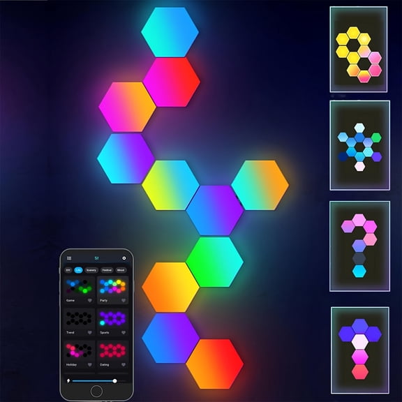10 Pack Smart Hexagon Lights, DIY Hexagon LED Light with App & Remote Control Music Sync RGBIC Wall Light Panels for Gaming Room, Bedroom, Living Room Decor