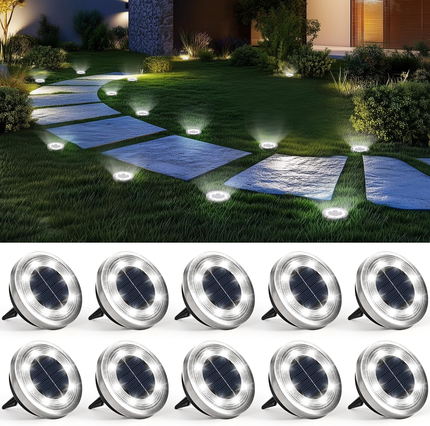10 Pack Solar Ground Lights Outdoor Waterproof, Solar Powered Pathway Lights, Landscape Lighting for Garden Walkway Driveway Backyard Decor (Cool White)