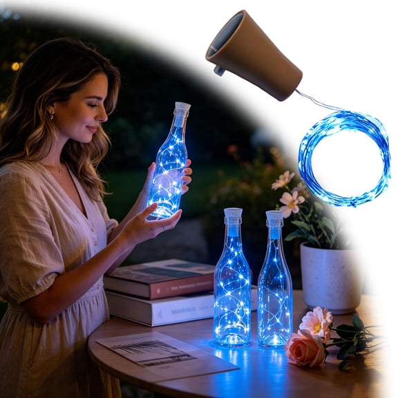 10 Pack Solar LED Bottle Stopper String Lights, 40 Inch Flexible Copper Wire 10 Blue LEDs, Wireless Solar Fairy Lights for World Cup Party Bar Wedding Holiday DIY Bottle Decor