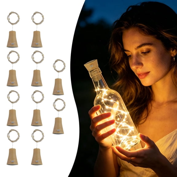 10 Pack Solar LED Bottle Stopper String Lights, 40 Inch Flexible Copper Wire 10 Yellow LEDs, Wireless Solar Fairy Lights for World Cup Party Bar Wedding Holiday DIY Bottle Decor