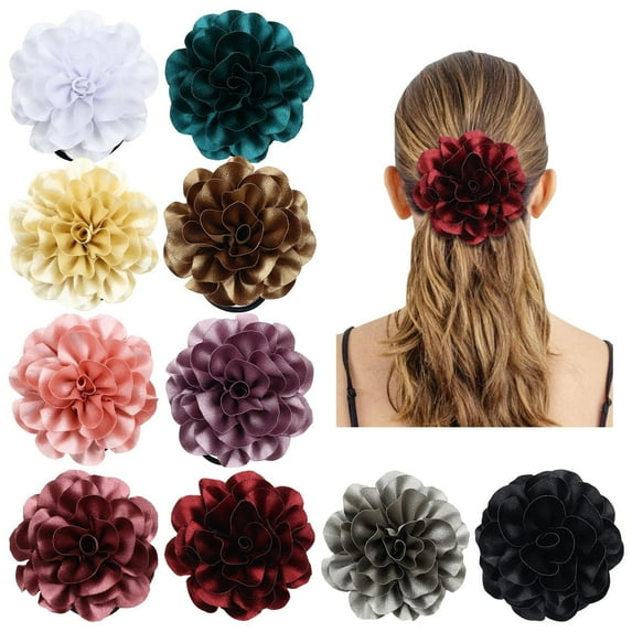 10 Pack Solid 4" Handmade Rose Flower Stretchy Rubber Elastics Hair Ties Ropes Hair Bands Headbands Rings Scrunchies Ponytail Holders Hair Accessories for Women Girls