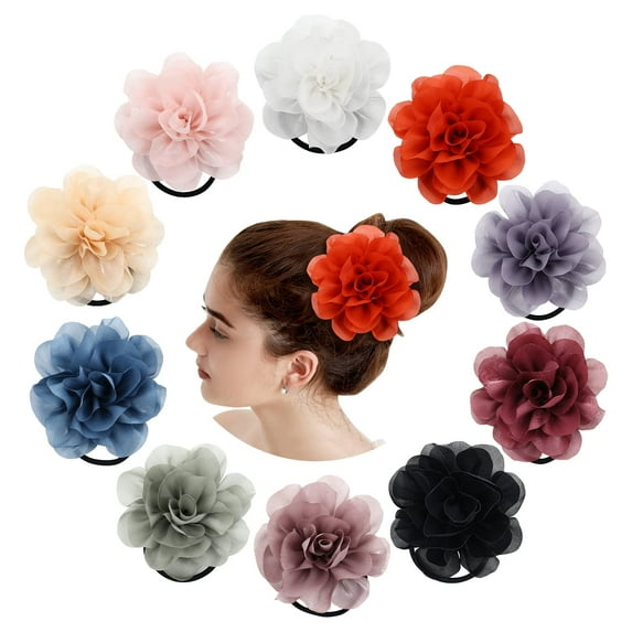 10 Pack Solid 4" Handmade Rose Flower Stretchy Rubber Elastics Hair Ties Ropes Hair Bands Headbands Rings Scrunchies Ponytail Holders Hair Accessories for Women Girls