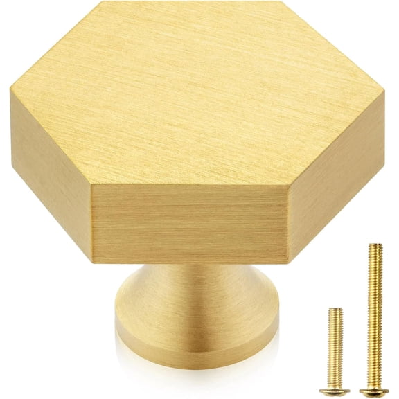 10-Pack Solid Brass Cabinet Knobs, Gold Hexagon Knobs for Dresser Drawer, 1.4-Inch Diameter, Modern Kitchen Hardware, Brushed Brass Finish Brushed Brass 1.4-Inch Diameter-10 Pack Brushed Brass