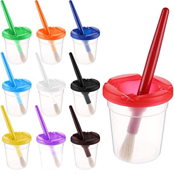 10 Pack SpillProof Paint Cups with Paint Brushes and Lids, Kids Painting Tools Hog Bristle