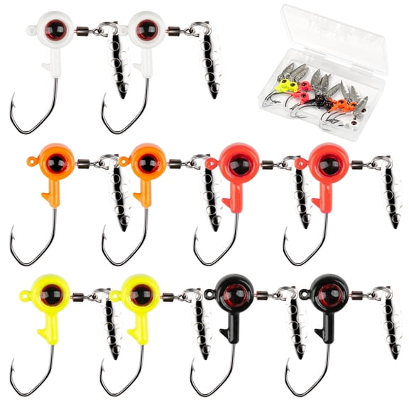 10-Pack Spinner Jig Heads for Crappie with Willow Leaf Blades, 1/8 oz & 1/16 oz Weighted Hooks, Freshwater and Saltwater Fishing Lures