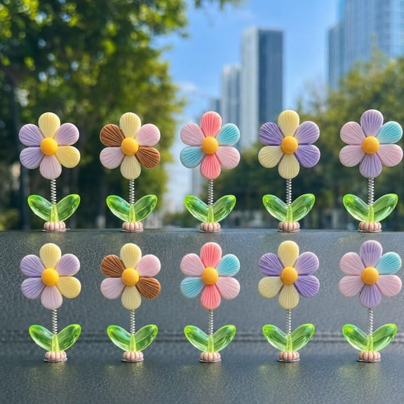 10 Pack Spring Wobbly Flower Car Dashboard Ornament, Shaking Sunflower Decor with Adhesive Base, Cute Car Accessories for Rearview Mirror Desk