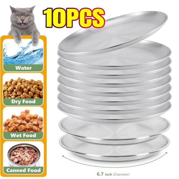 10-Pack Stainless Steel Cat Food Bowls, Shallow Whisker-Friendly Non-Slip Silicone Base Metal Dishes, Easy to Clean Indoor Feeding Flat Plates for Cat, Kitten, Small Dog