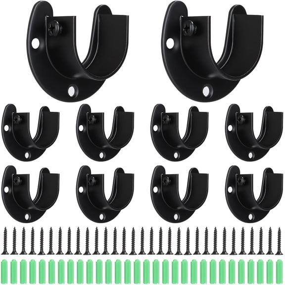 10 Pack Stainless Steel Closet Rod Bracket, 1-1/4 Inch Holder, Heavy Duty Closets Rods Support Brackets, U Shaped Pole Sockets Flange Holder for Curtain Rodd (Black)