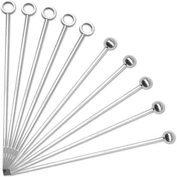 10 Pack Stainless Steel Cocktail Picks, Reusable Fruit Sticks Metal Martini Skewers Olive Drink Picks Set for Holiday Party Events, Circle/Ball,2 Styles Tops- Silver