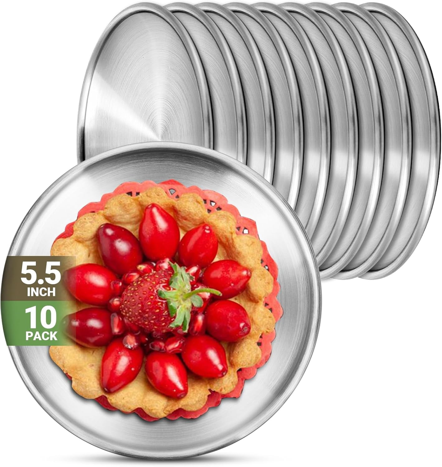 10 Pack Stainless Steel Plates, 5.5 Inch 304(18/8) Metal Food Serving Plate Set, Reusable Snack Eating Dishes, Round Shatterproof Plate, Silver Dinnerware for BBQ Dinner, Oven and Dishwasher Safe