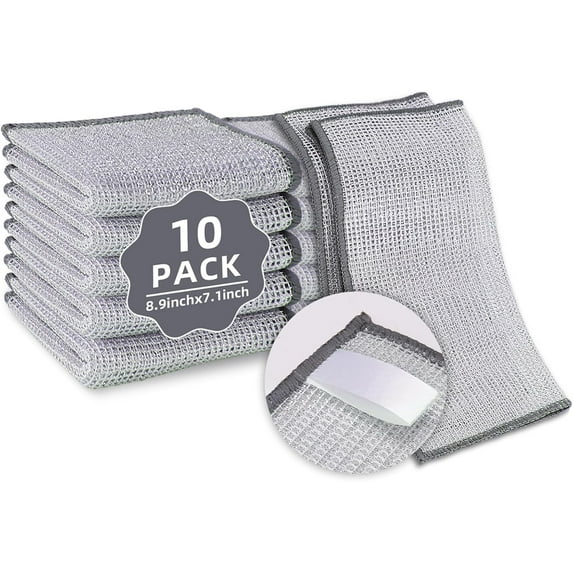 10 Pack Stainless Steel Scrubber, Reusable Diamond Weave Scrubber Cloths, Non-Scratch Heavy-Duty Metallic Fiber Cleaning Cloth for Kitchen, Multi-Use Dishwasher Rags