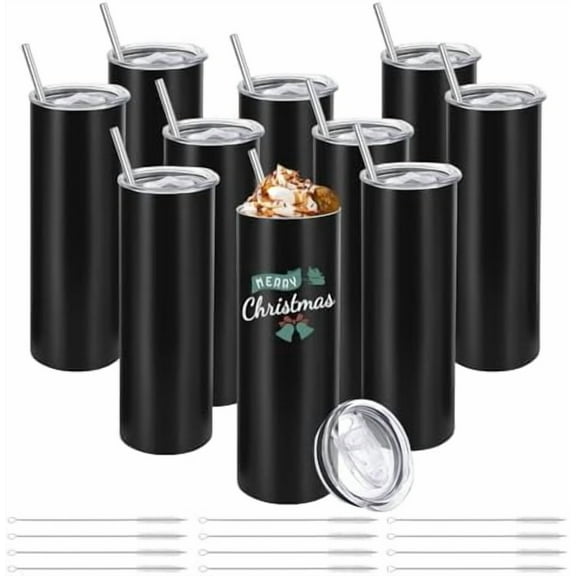 10 Pack Stainless Steel Skinny Tumblers 30oz Bulk Straight Double Wall Insulated Tumbler with Lid and Straw for Travel, DIY Gift, Black$$Home Decor, Kitchen, & Other