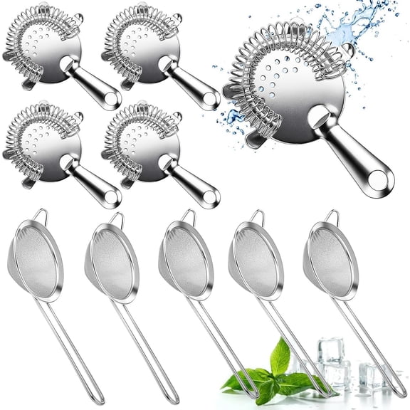 10 Pack Stainless Steel Strainer,5 Pcs Cone Shaped Small Fine Mesh Strainer Sieve and 5 count 4-Prong Bar Drink Strainer for Bartender Juice Coffee