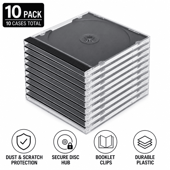 10-Pack Standard 10.4mm Clear CD Jewel Cases, Single Disc Storage Cases with Tray for CD DVD VCD Media Album