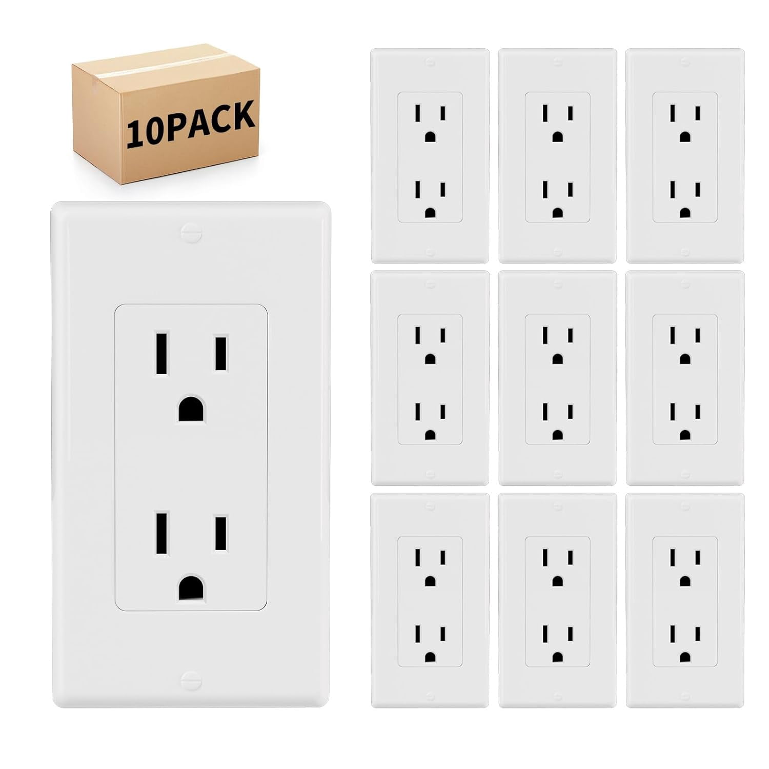 10 Pack - Standard Electrical Outlet 15 Amp, 2 Pole 3 Wire, Non-Tamper Resistant, NEMA 5-15R, Self-Grounding Residential Grade, UL Listed, White Decorator Receptacle with Wall Plate and Screw