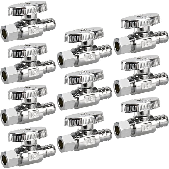 10 Pack Stop Valves, 1/4 Turn Straight Stop Valves, 3/8" OD Compression × 1/2" PEX Chrome Plated Brass for Faucet, Toilet Valves