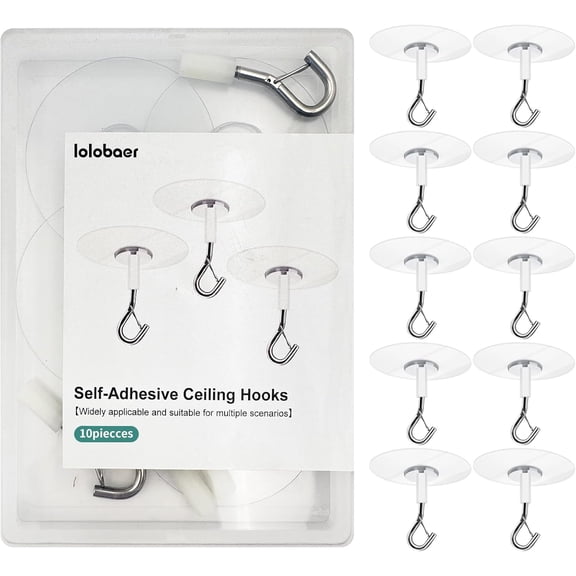 10 Pack Strong Self-Adhesive Ceiling Hooks,No Drill Safety Lock Hangers for Fans/Plants/Lights, Kitchen Bathroom Office Storage & Wall Decor
