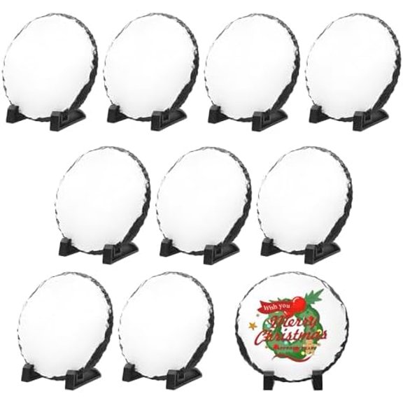 10 Pack Sublimation Slate Blanks with Display Holder, Plaque Rock Stone Customized Picture Memorial Stone Frame, Personalized Photo Gifts for Heat Transfer, 5.9"X5.9" Round