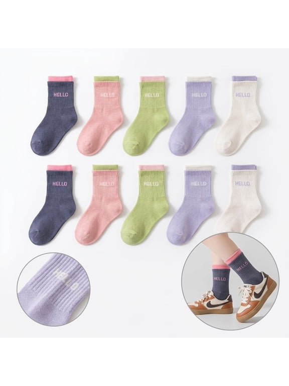 Generic Faux Layered Cuff Crew Socks for Youth Teens Graphic Print Cotton Blend, 10-Pair Pack