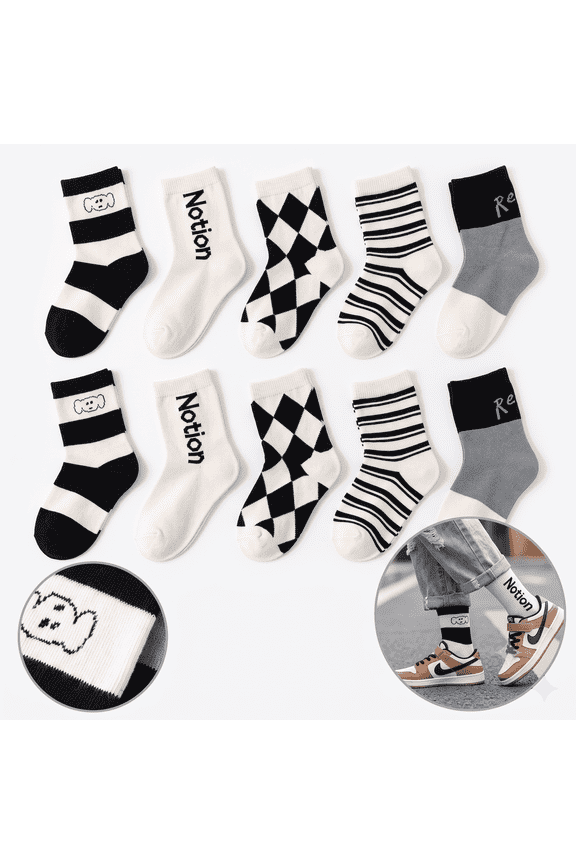 Generic Black and White Skater Crew Socks for Youth Teens Checkerboard Graphic Cotton Blend, 10-Pair Pack