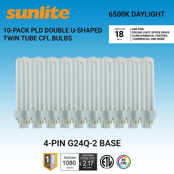 Sunlite PLD18/E/SP65K/10PK 6500K Daylight Fluorescent 18W PLD Double U-Shaped Twin Tube CFL Bulbs with 4-Pin G24Q-2 Base (10 Pack)