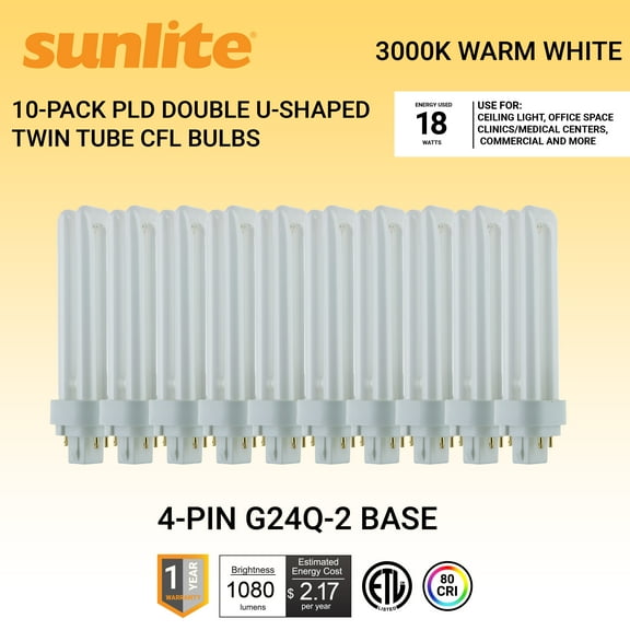 Sunlite PLD18/E/SP27K/10PK 3000K Warm White Fluorescent 18W PLD Double U-Shaped Twin Tube CFL Bulbs with 4-Pin G24Q-2 Base (10 Pack)