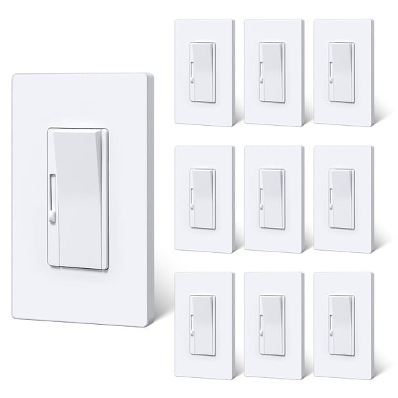 10 Pack Super Slim Digital Dimmer Light Switch, Quiet Rocker, Max 300W LED, CFL, 600W Halogen, Single Pole or 3 Way Dimmable Switch, Screwless Wallplate Included, ETL Listed, White
