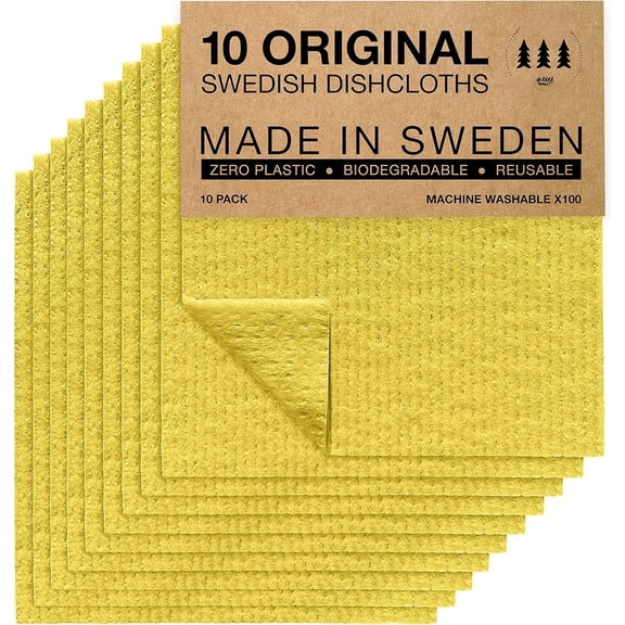 10 Pack Swedish Dishcloths for Kitchen - Biodegradable & Compostable Paper Towels Washable, -Safe & Without Plastic - Dish Rags Suitable for Any Surface, Yellow