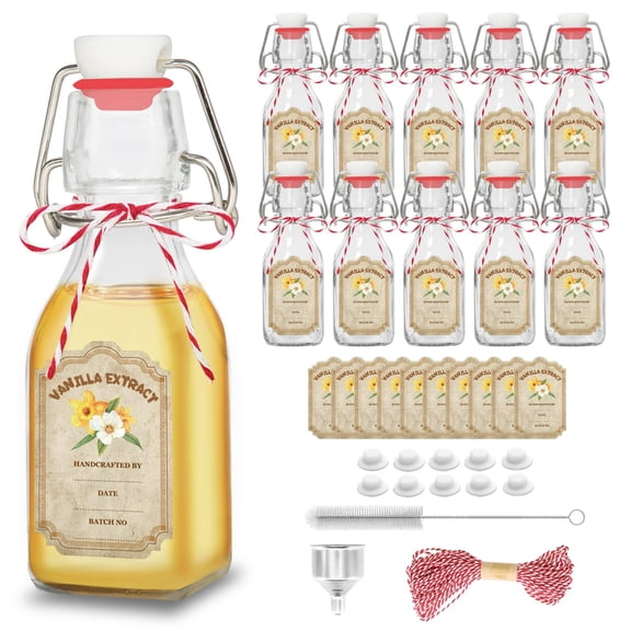 10 Pack Swing Top Glass Vanilla Extract Bottles 4 oz with Lids, Vanilla Extract Labels and Funnel, Glass Boston Bottles for Syrup Gift, Flip Top Jars