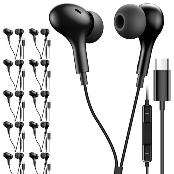 10 Pack TTech Type C Wired Headphones USB-C Earbuds Earphones Compatible with iPhone 16 Pro Max / 16 Pro / 16 Plus / for Samsung Galaxy S24/S23/S22/S21 Ultra, Google Pixel 8/7/6/6a, Black