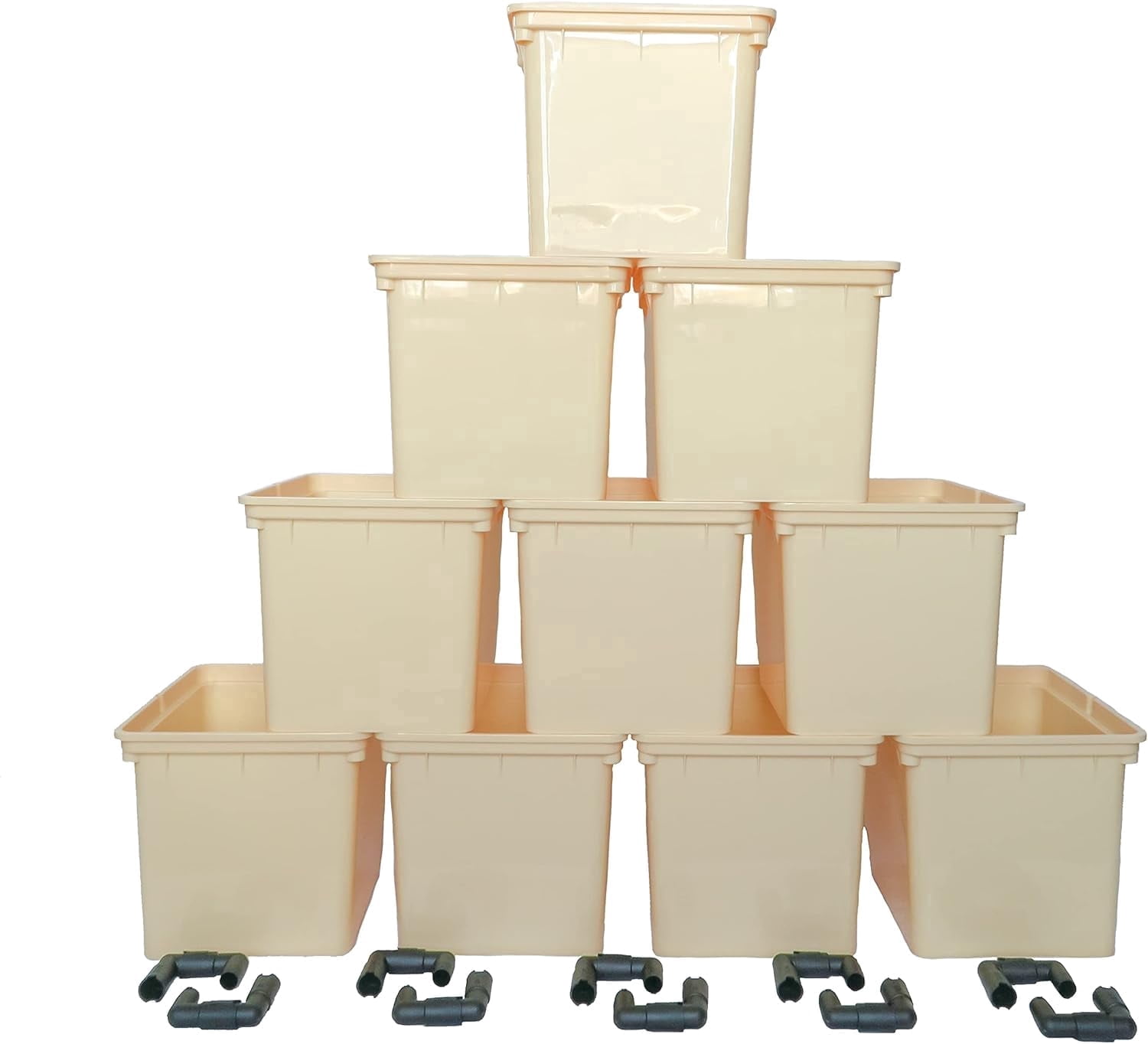 10 Pack Tan Dutch Bucket Hydroponic System – 11 Liter (12" x 10" x 9") Bato Buckets with Siphon Elbows – Indoor & Outdoor Hydroponic Growing Planters