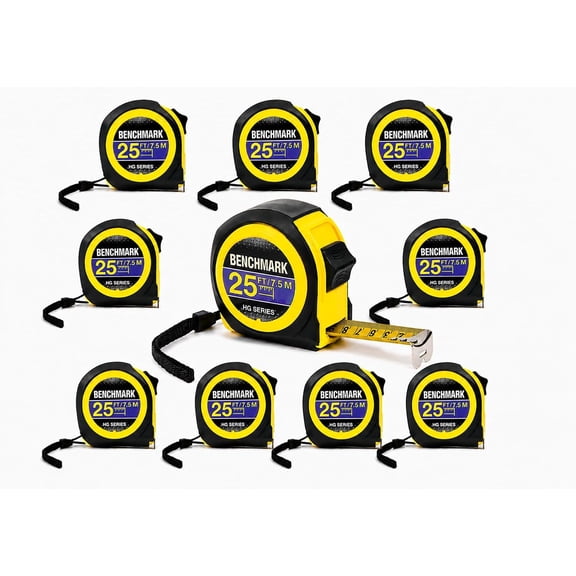 10 Pack - Tape Measures 25ft / 7.5m  Inch & Centimeter Marks. Rugged Outer Shell with Easy Grip Design - High Visibility Steel Tape - Thumb Lock - Autowind - Belt Clip  Retractable Measuring Tape