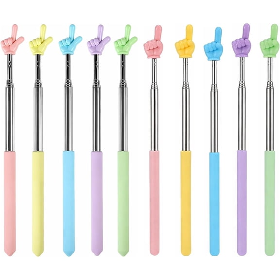 10 Pack Telescopic Teacher Pointer Stick, Retractable, Stainless Steel, Finger-Shaped, 8.46 to 27.35 Inches, for Whiteboard and Classroom Presentation (Colors)
