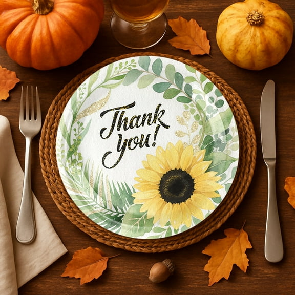 10-Pack Thanksgiving Disposable Plates Paper Plates, 7 Inch Autumn Harvest Thank You Pattern Thick Pulp Round No-Wash Table Decor