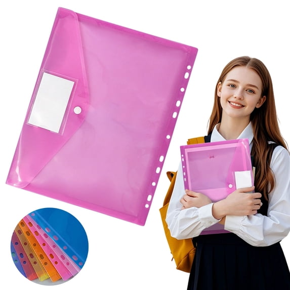 10 Pack Transparent Plastic File Envelopes, 33x25cm/12.99x9.84in Pink Snap Closure 11-Hole Binder Pockets, A4 Document Organizer for Office & Home