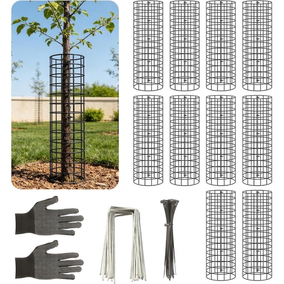 10-Pack Tree Trunk Protectors, 17 Inch Height, 13 Inch Width, Expandable Metal Guard with 20 Ground Stakes 100 Ties for Ultimate Plant Bark Protection