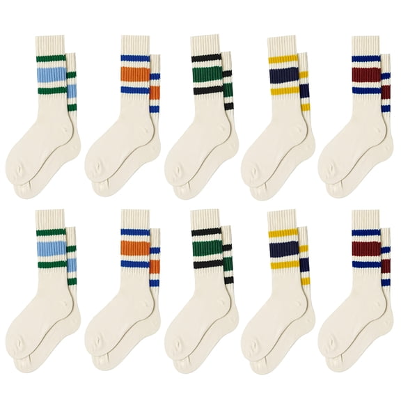 10-Pack Trendy Athletic Striped Crew Socks, 100% Polyester Knit Fabric, Hand Wash, All-Season Sports Ankle Socks with Vibrant Stripes