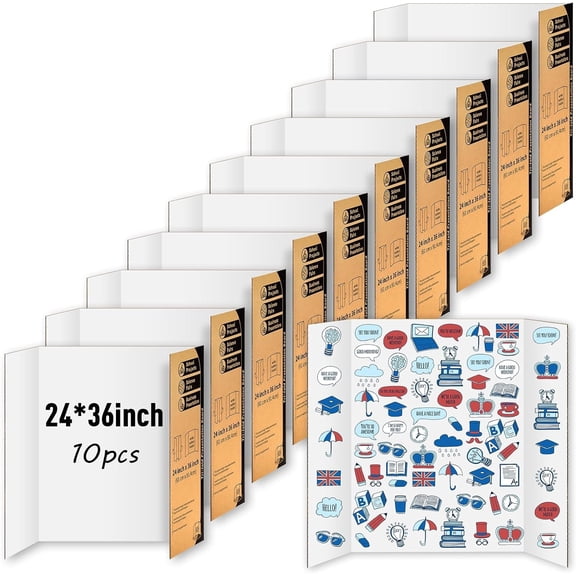 10 Pack Trifold Poster Board, 24" X 36" Single Sided White Tri-fold Poster Boards, Science Fair Display Boards Presentation Boards for Mounting, Art, Display, Projects Classroom Supplies