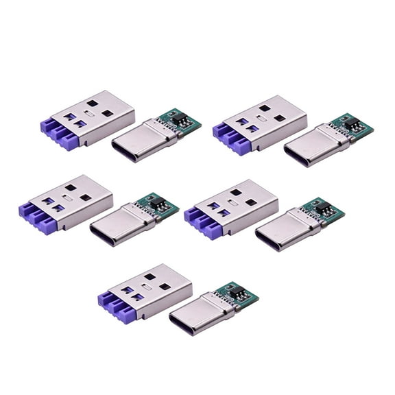 10 Pack Type-C+USB DIY Plug Connector, 5-PIN Solder Type Charging Data Transfer for Smart Phones, Blue-tooth Headsets Etc