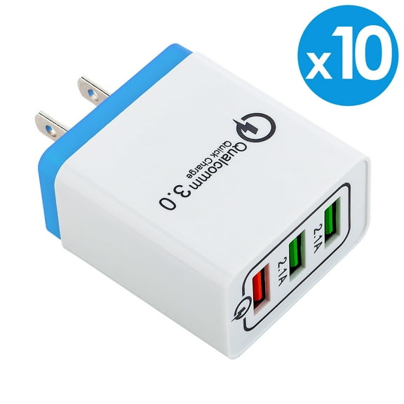 10-Pack USB Wall Charger, AFFLUX 7.2A 3-Port Fast Charging USB Wall Charger Universal Power Adapter Qualcomm 3.0 Quick Charge For Cell Phone, Samsung Note 8 9 Galaxy S8, S9, S9+ iPhone 7 8 X XR Xs Max