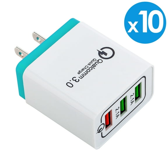 10-Pack USB Wall Charger, AFFLUX 7.2A 3-Port Fast Charging USB Wall Charger Universal Power Adapter Qualcomm 3.0 Quick Charge For Cell Phone, Samsung Note 8 9 Galaxy S8, S9, S9+ iPhone 7 8 X XR Xs Max