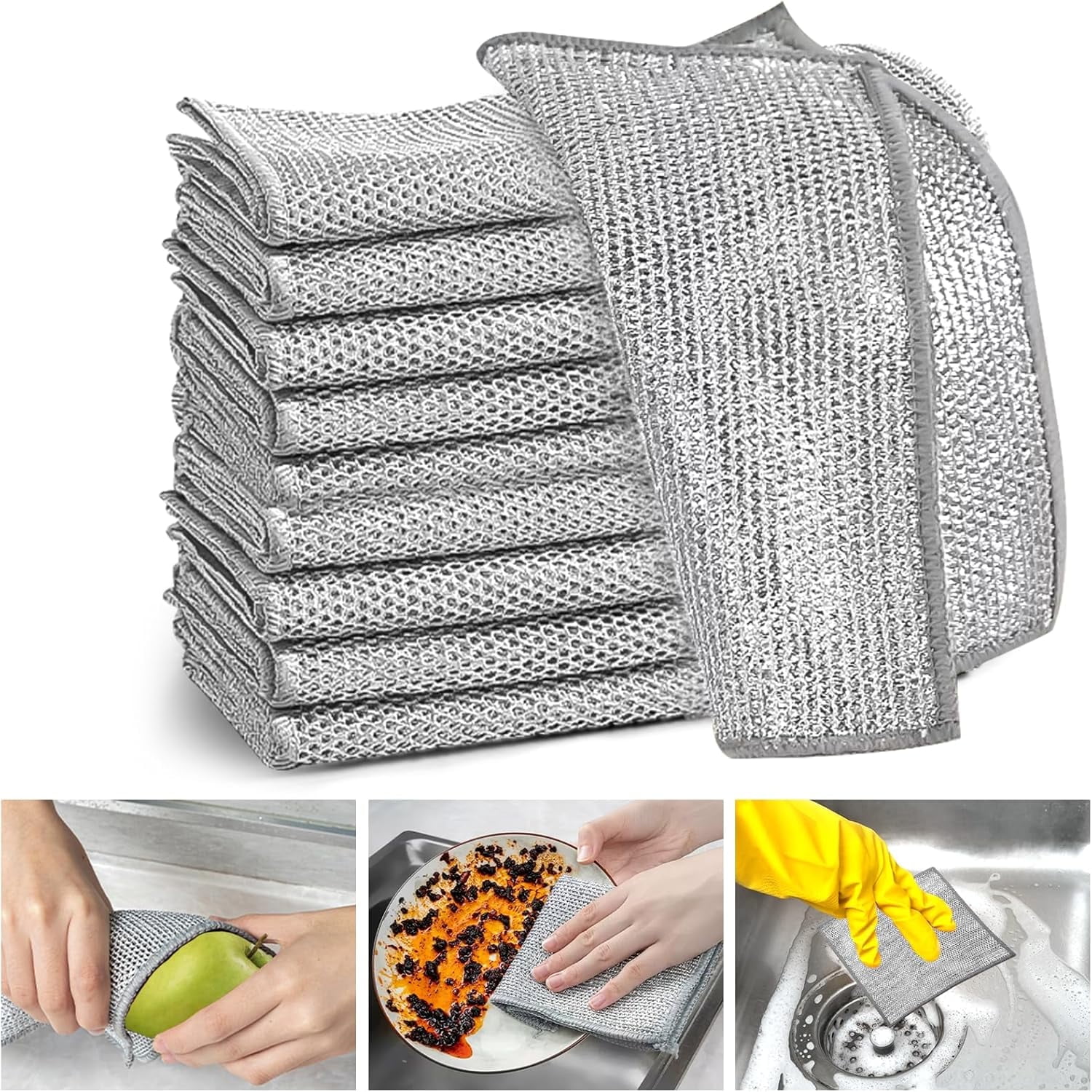 10-Pack Upgrade Non-Scratch Steel Wool Dishwashing Cloths | Multipurpose Metal Mesh Cleaning Pads for Kitchen, Dishes, Sink | Durable Wire Dish Rags & Scrubbers.