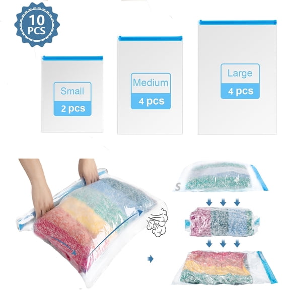 Glovv 10 Pack Compression Bags for Travel, No Need for Electric Pump, Hand Roll Vacuum Seal Bags, Space Saver Bags (4 Large/4 Medium/2 Small), Vacuum Storage Bags for Clothes, Comforters, Blankets